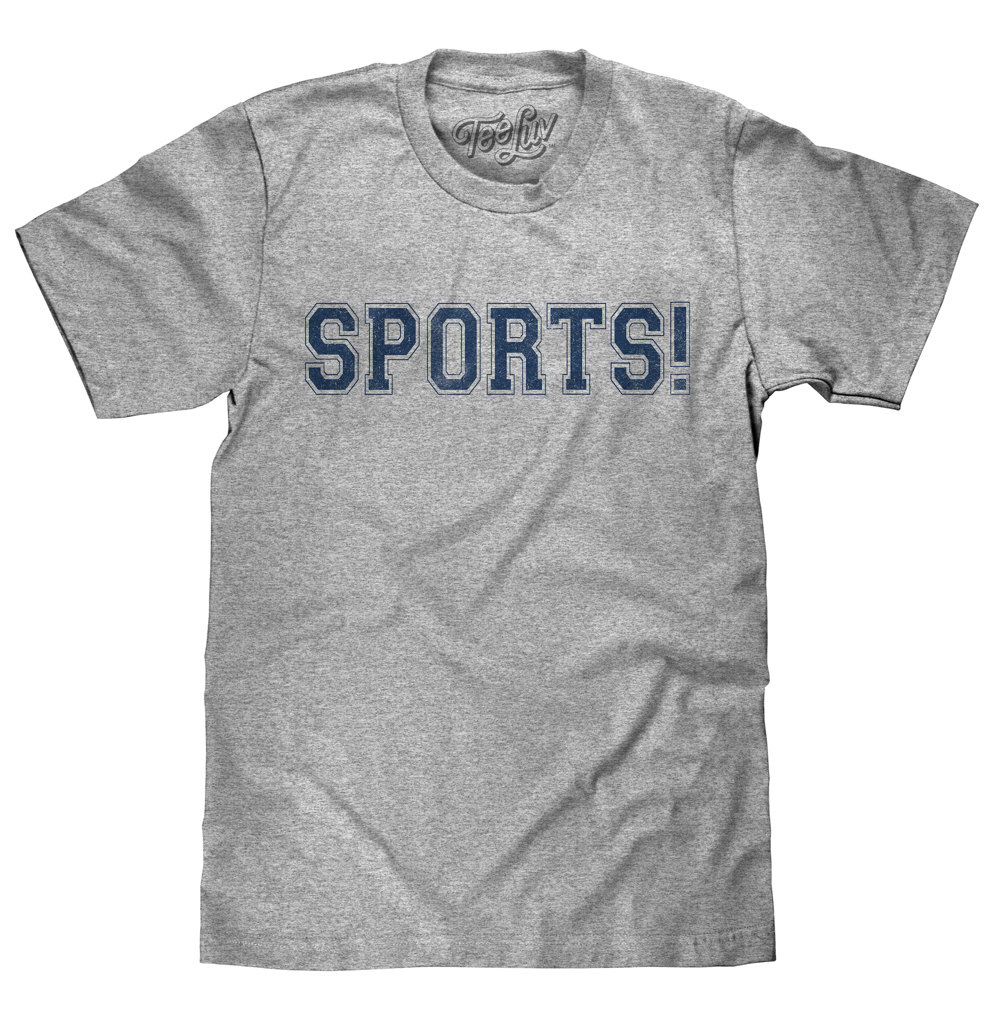 Gray t-shirt with 'SPORTS!' text on a white background