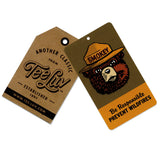 Two tags with a bear wearing a hat and text on a white background