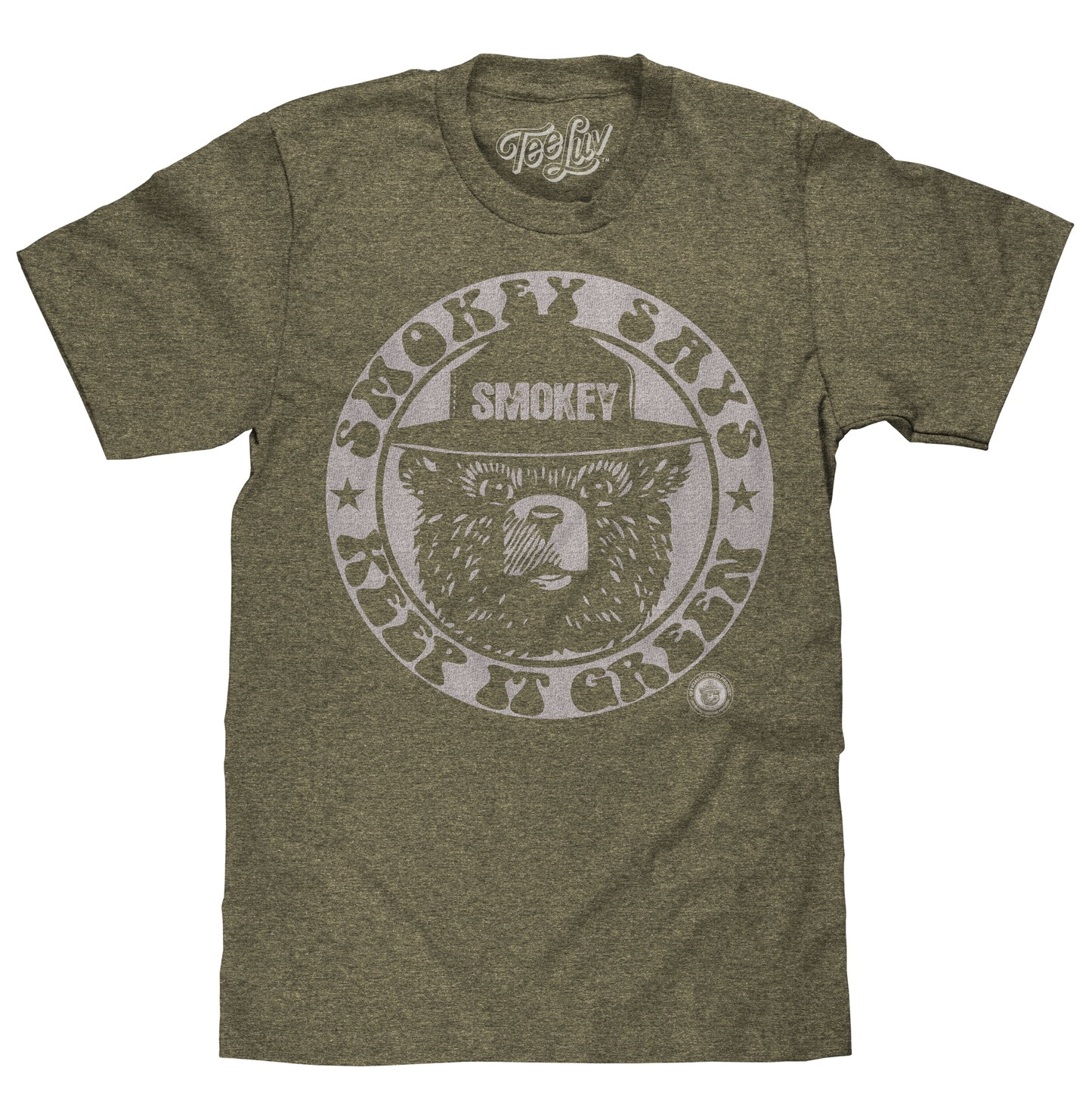 Green t-shirt with Smokey Bear graphic on a white background