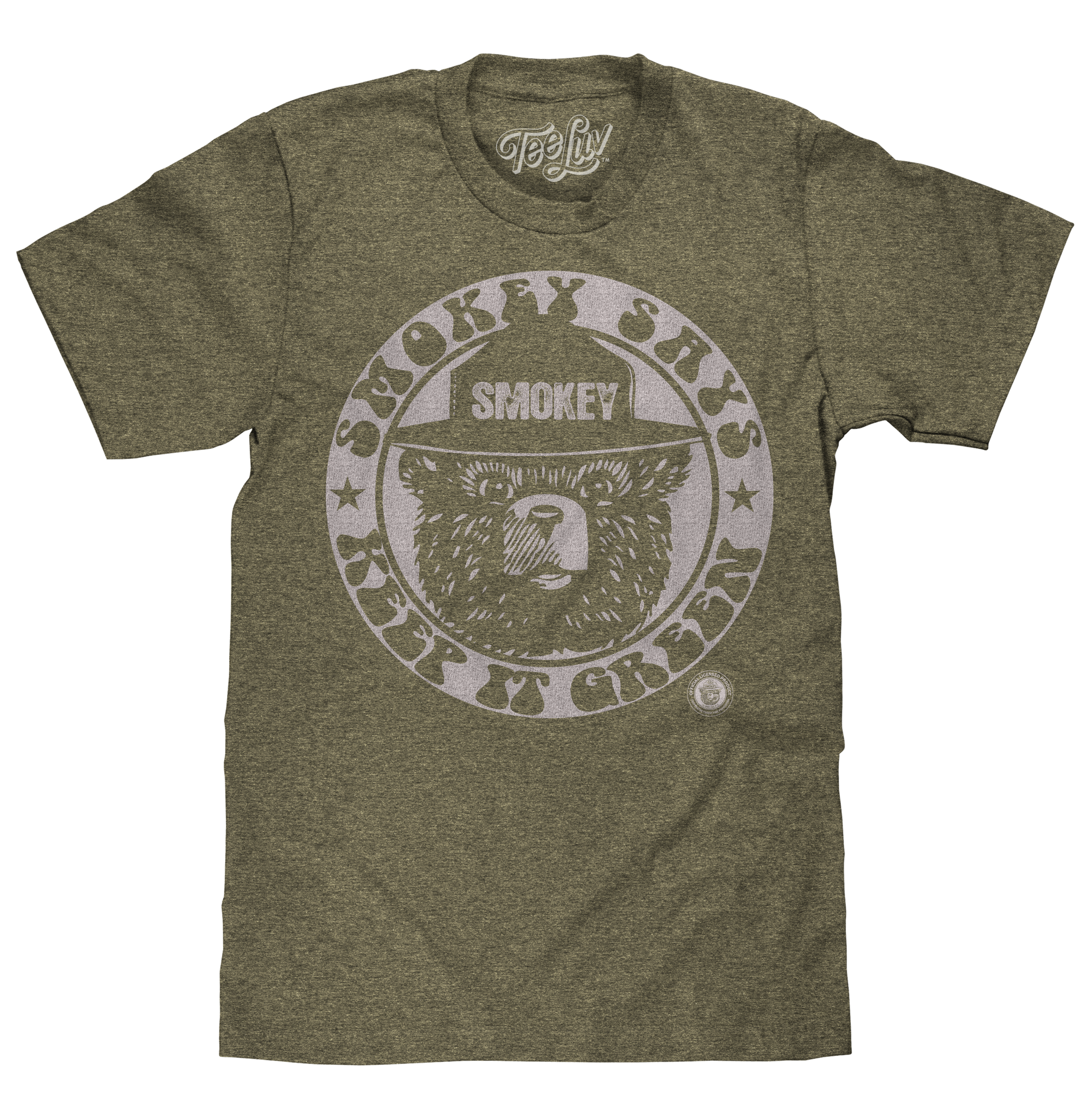 Green t-shirt with Smokey Bear graphic on a white background
