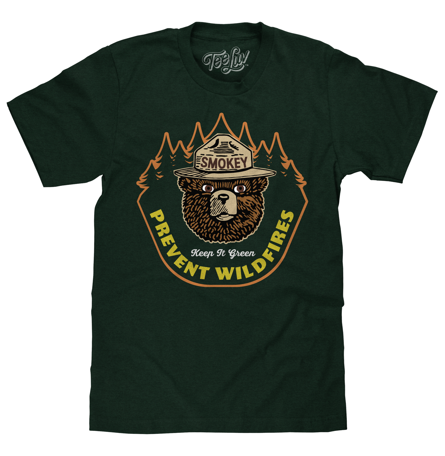 Dark green t-shirt with Smokey Bear graphic and text on a white background