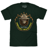 Dark green t-shirt with Smokey Bear graphic and text on a white background