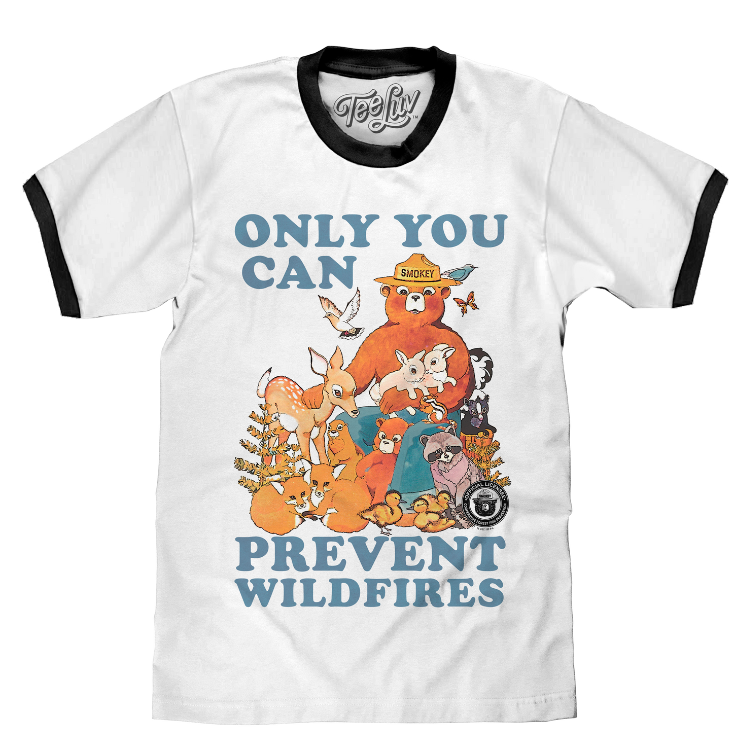 White t-shirt with cartoon animals and wildfire prevention message on a white background
