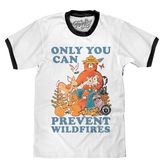 White t-shirt with cartoon animals and wildfire prevention message on a white background