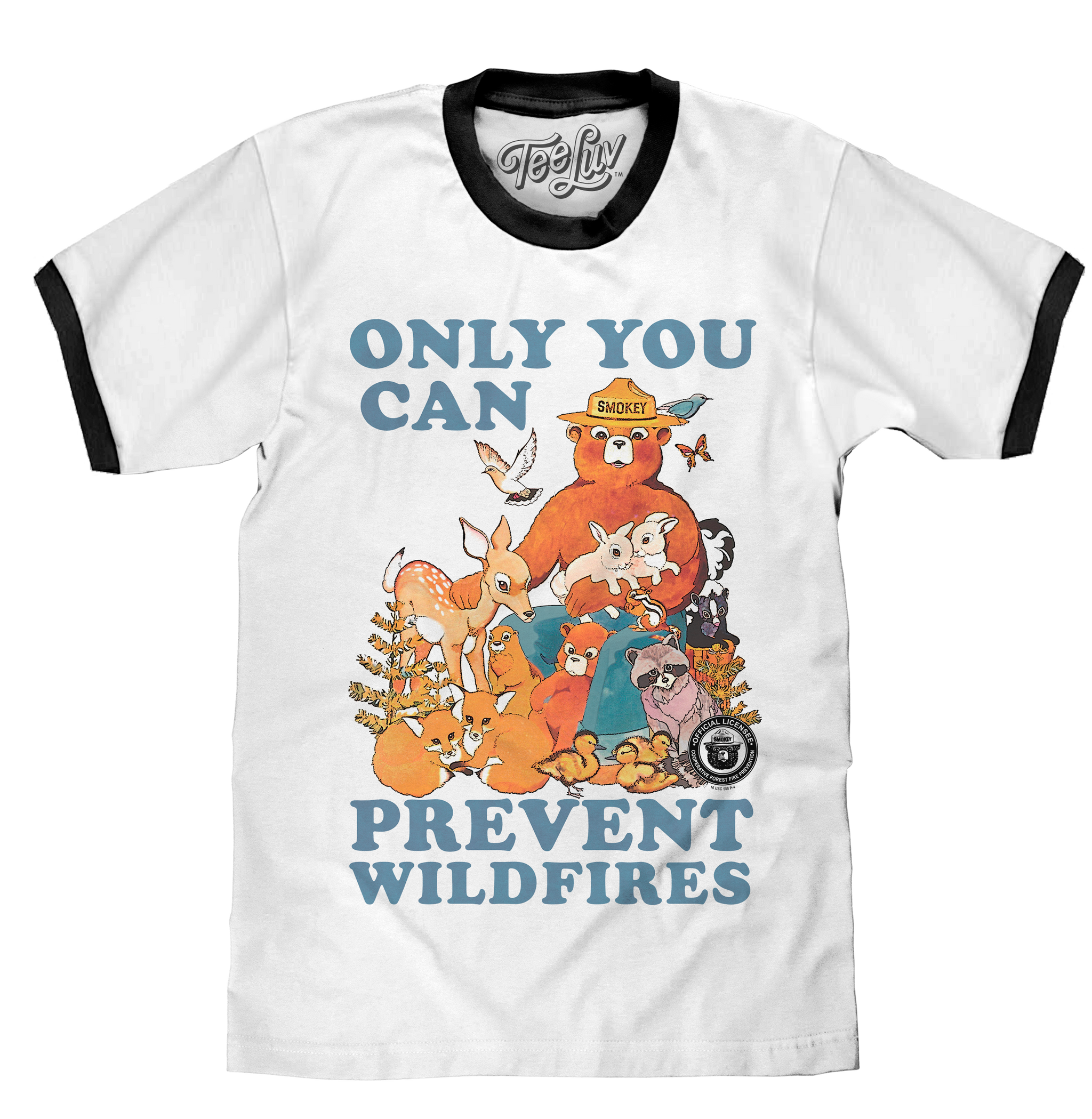 White t-shirt with cartoon animals and wildfire prevention message on a white background