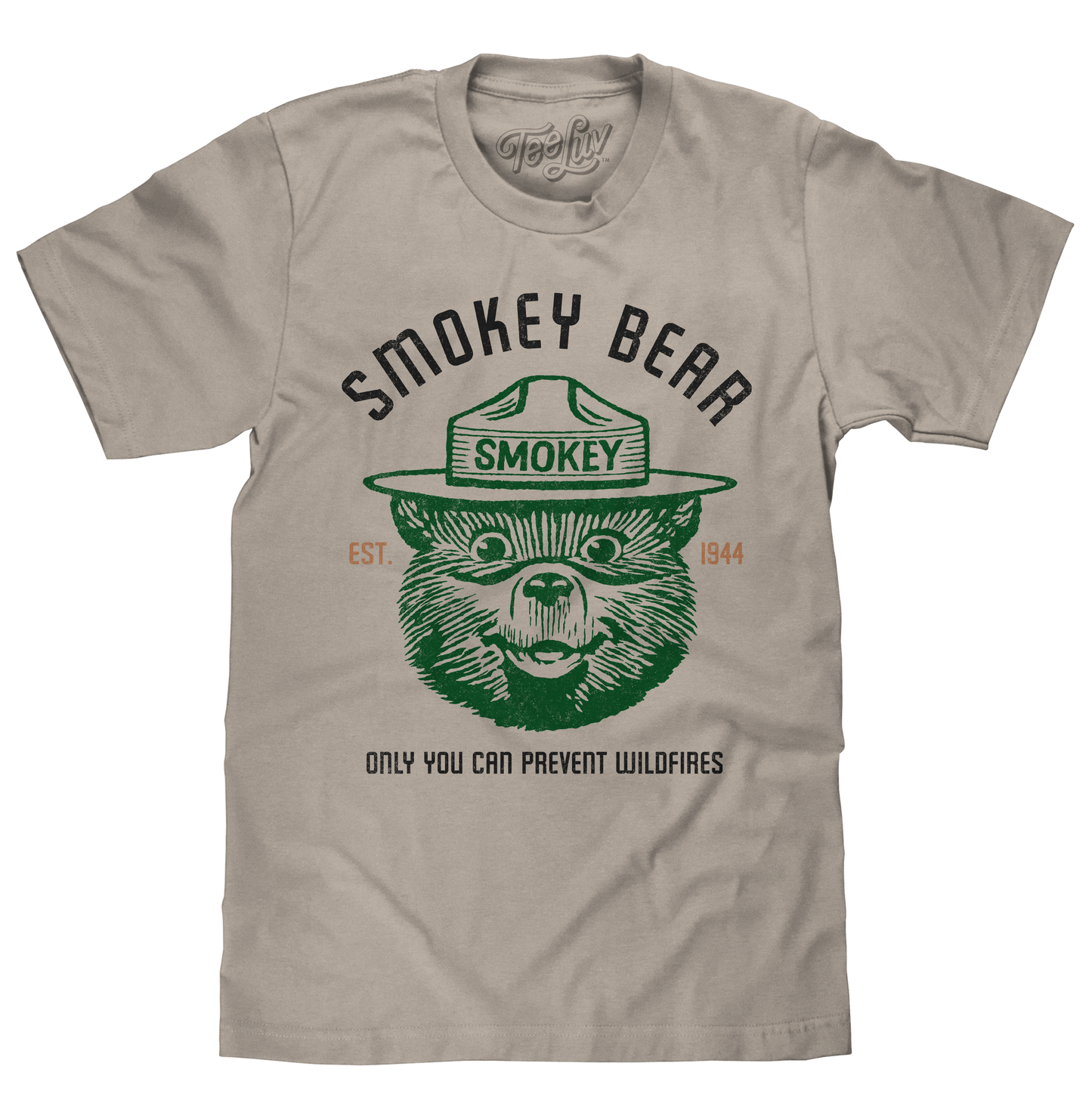 Beige t-shirt with Smokey Bear graphic and text on a white background