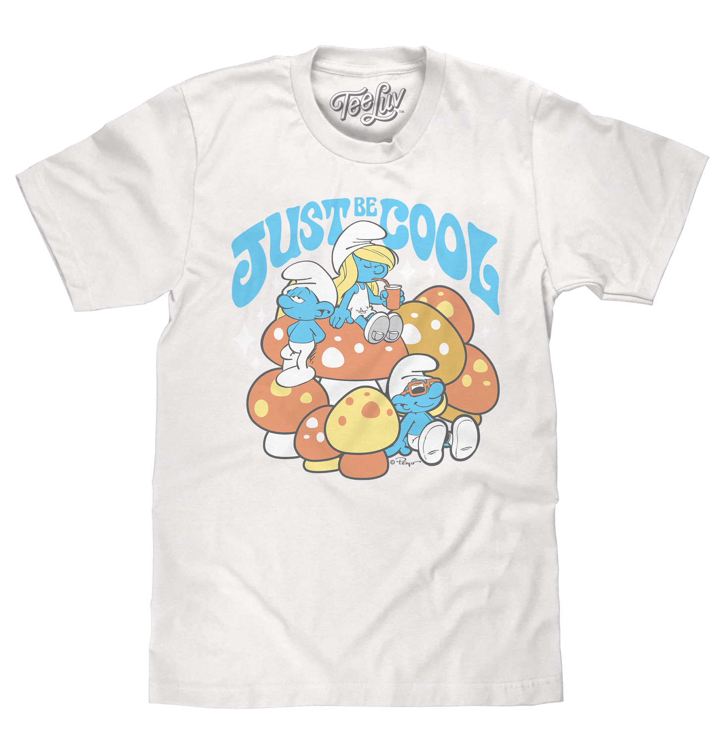 White t-shirt with Smurf graphic and 'Just Be Cool' text on a white background