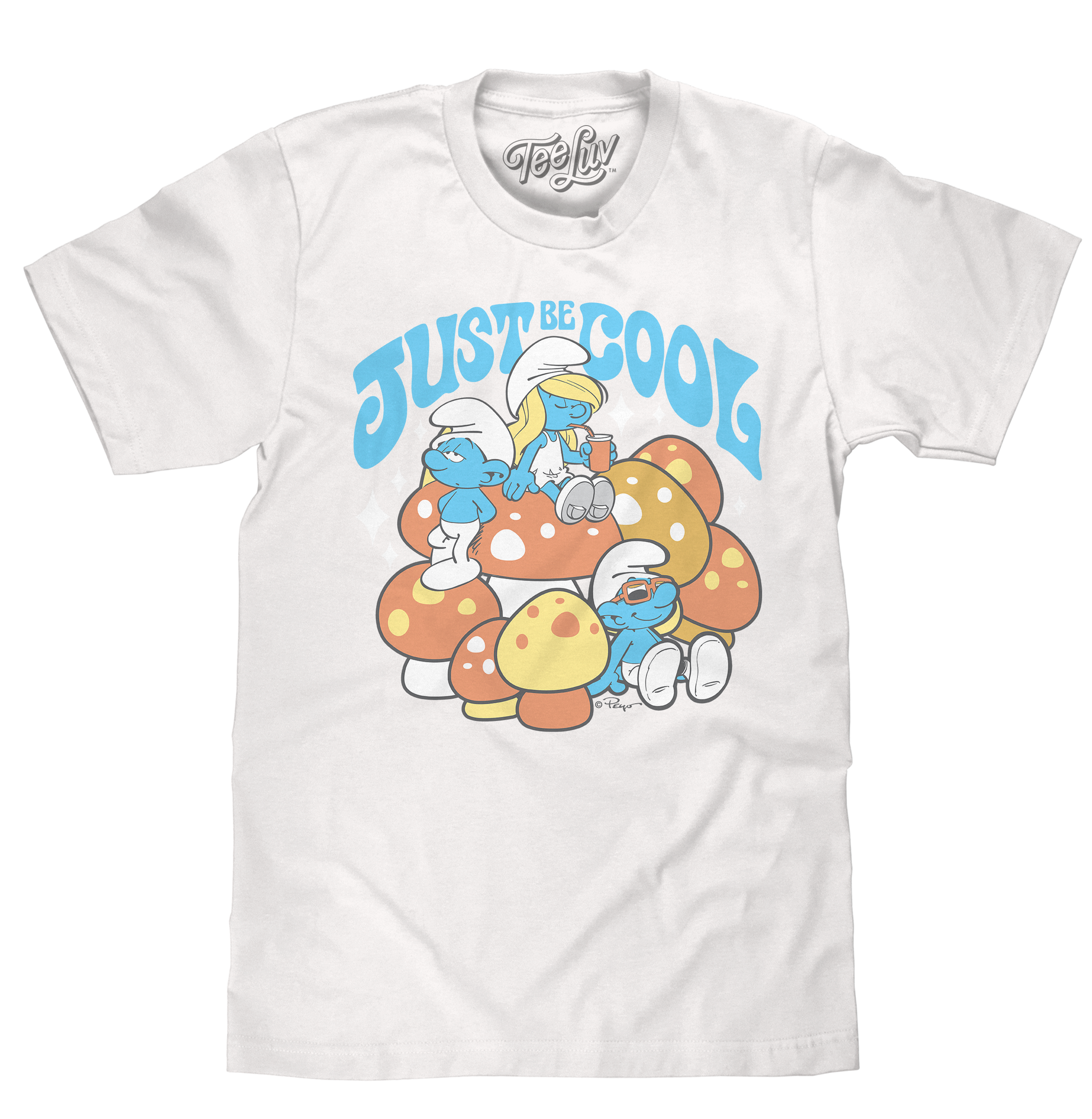 White t-shirt with Smurf graphic and 'Just Be Cool' text on a white background