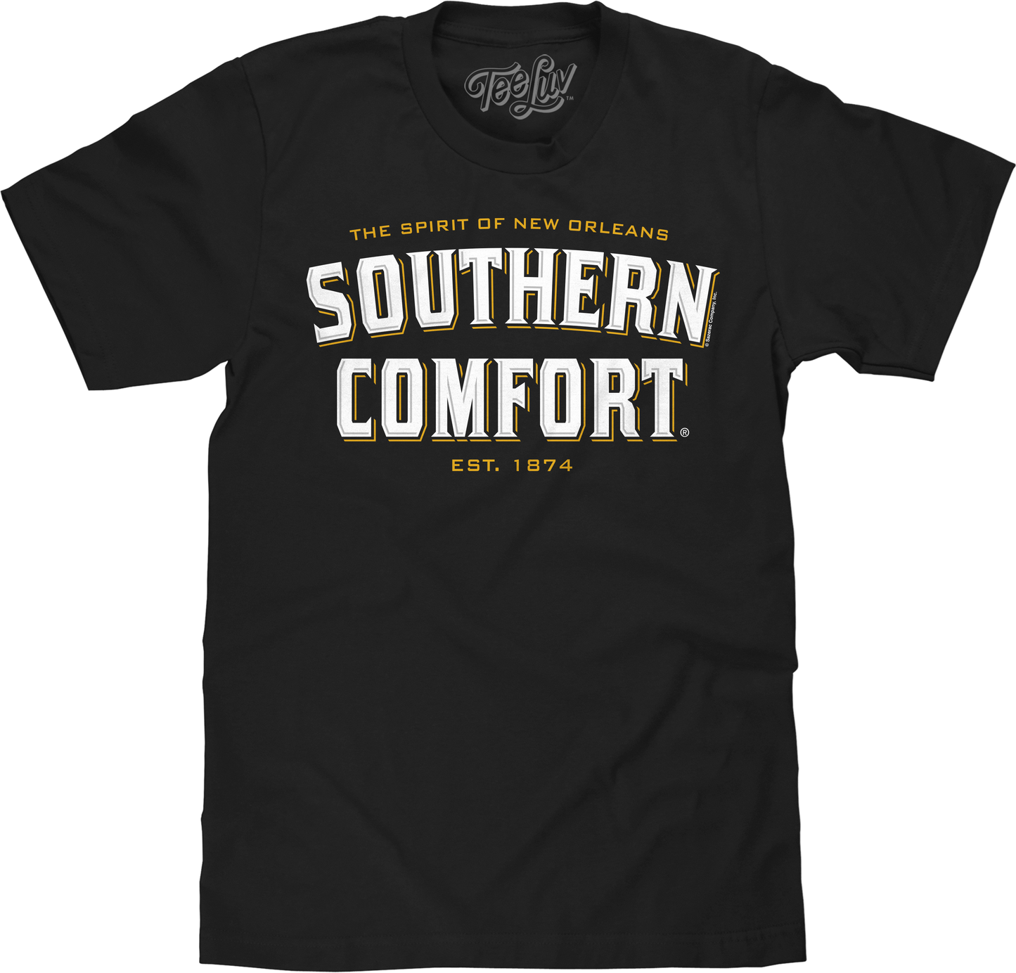 Black t-shirt with 'Southern Comfort' text on a white background