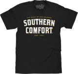 Black t-shirt with 'Southern Comfort' text on a white background