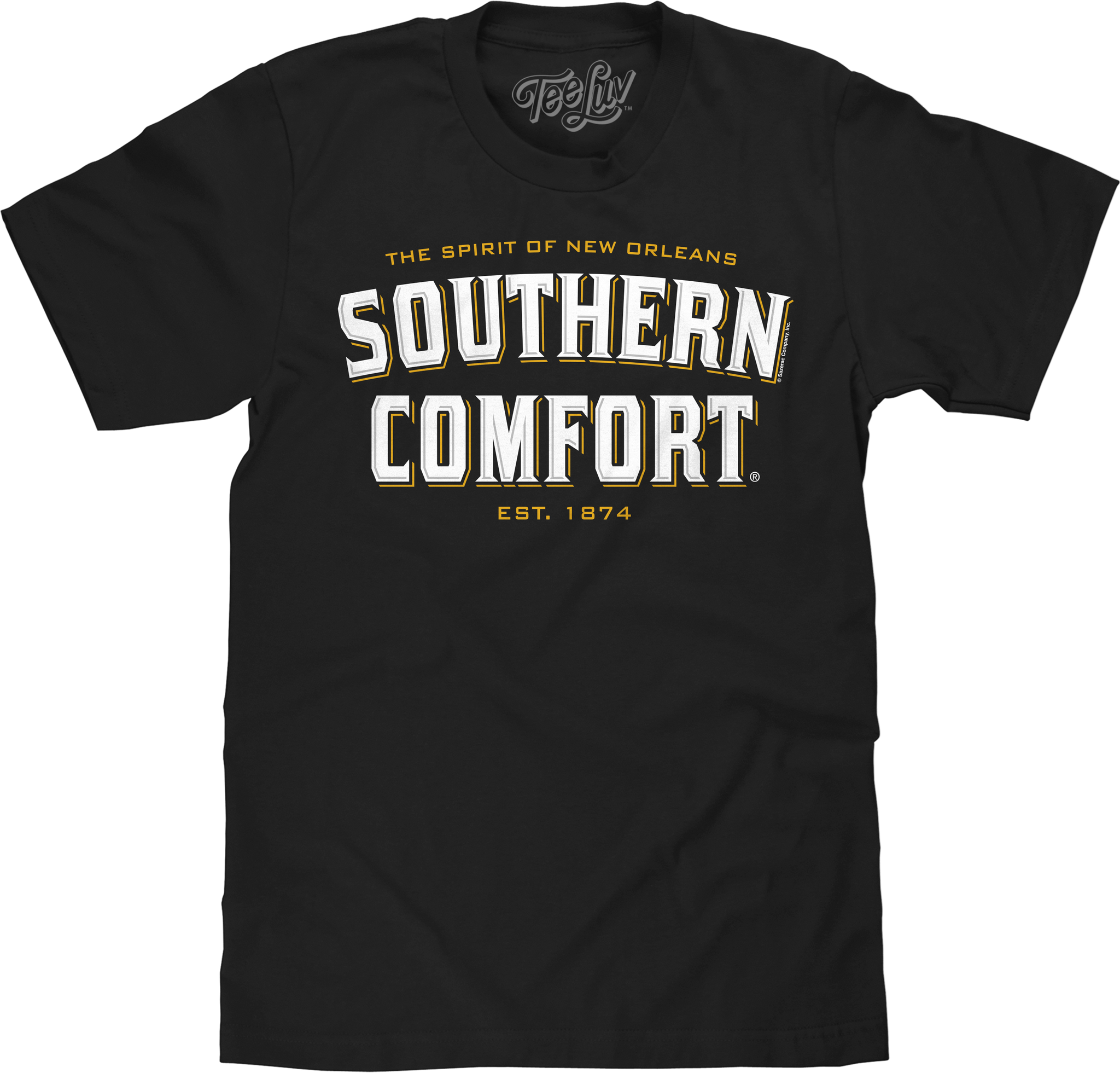 Black t-shirt with 'Southern Comfort' text on a white background