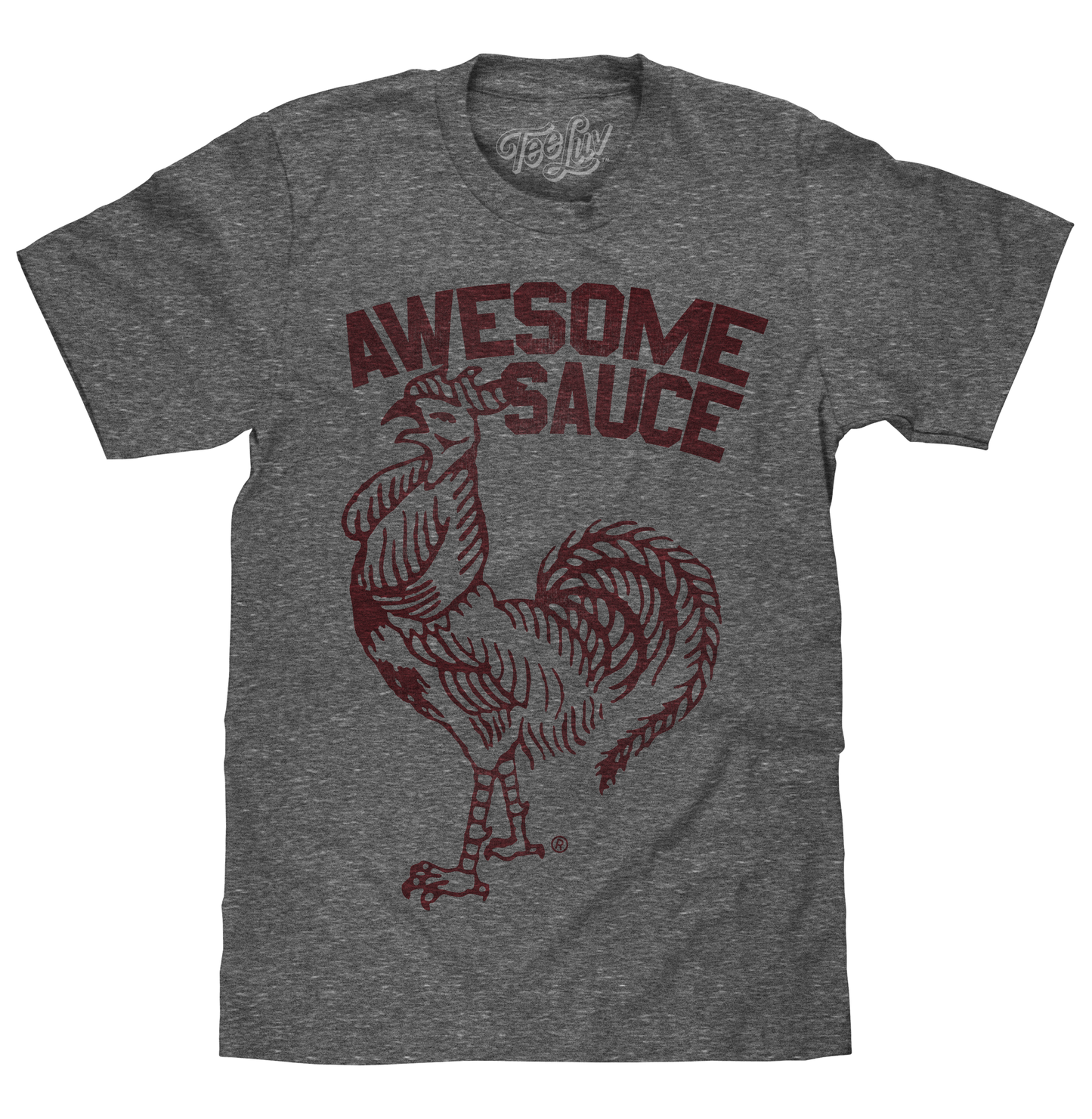 Gray t-shirt with red rooster graphic and 'Awesome Sauce' text on a white background