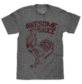 Gray t-shirt with red rooster graphic and 'Awesome Sauce' text on a white background