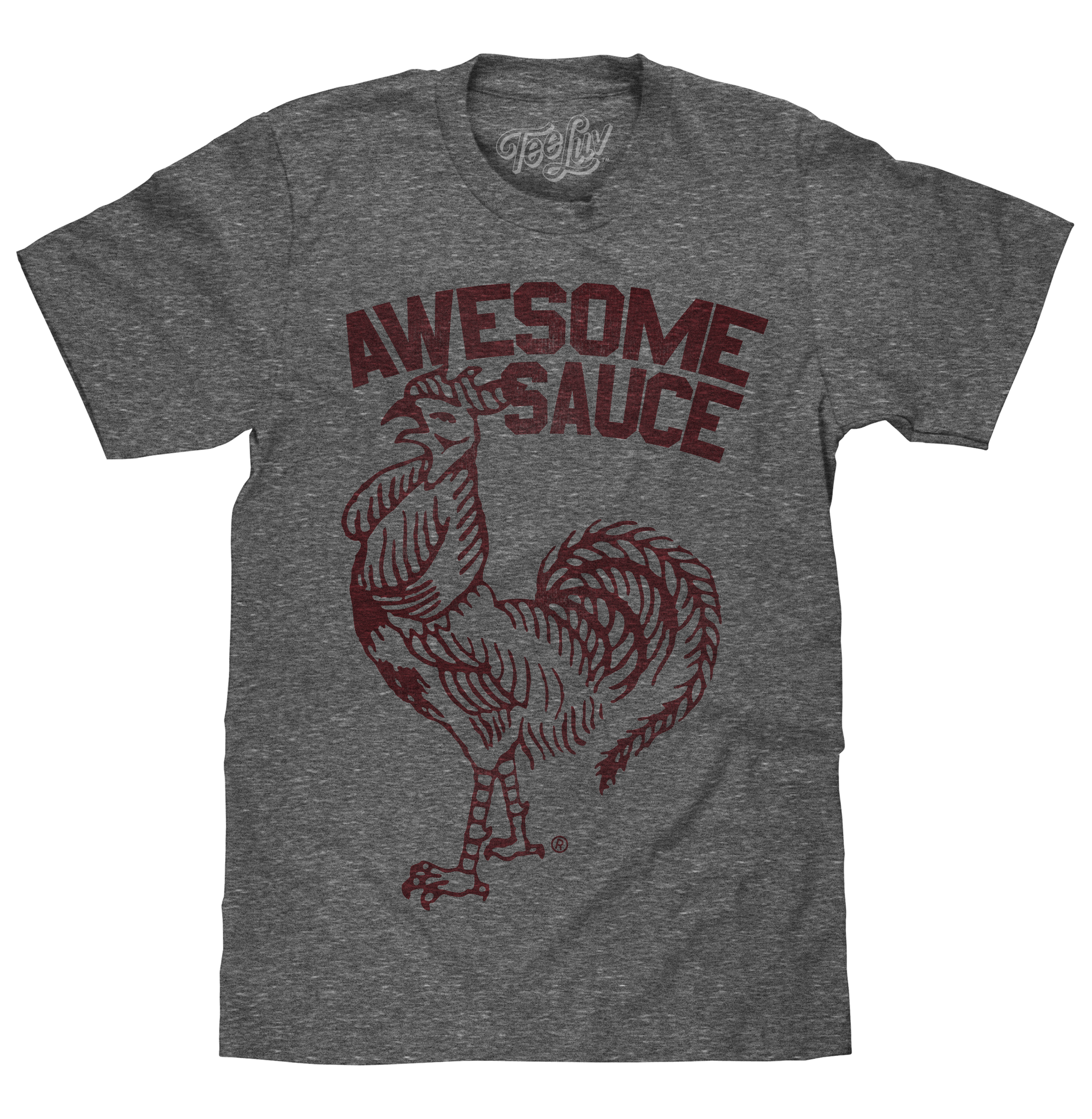 Gray t-shirt with red rooster graphic and 'Awesome Sauce' text on a white background