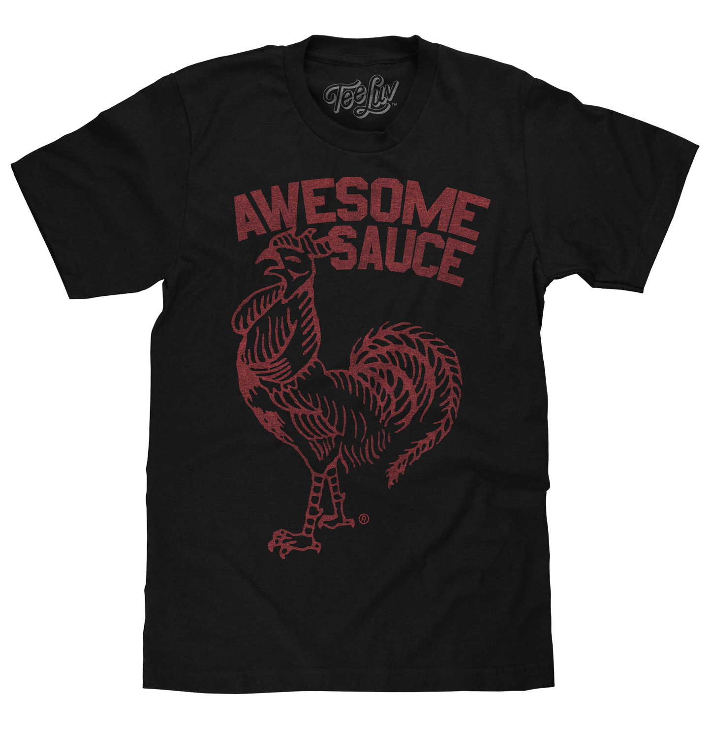 Black t-shirt with red rooster graphic and 'Awesome Sauce' text on a white background