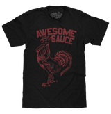 Black t-shirt with red rooster graphic and 'Awesome Sauce' text on a white background