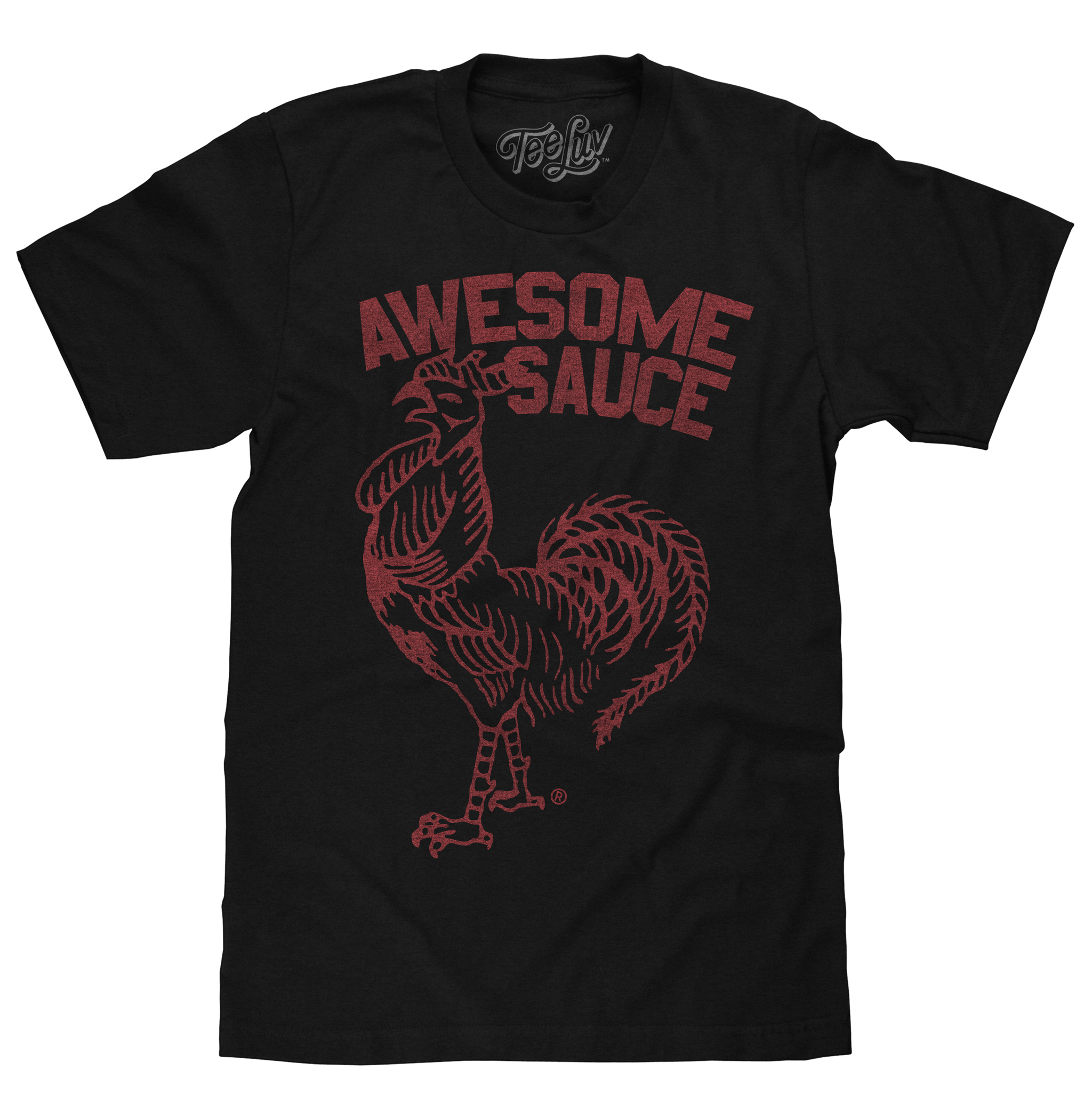 Black t-shirt with red rooster graphic and 'Awesome Sauce' text on a white background