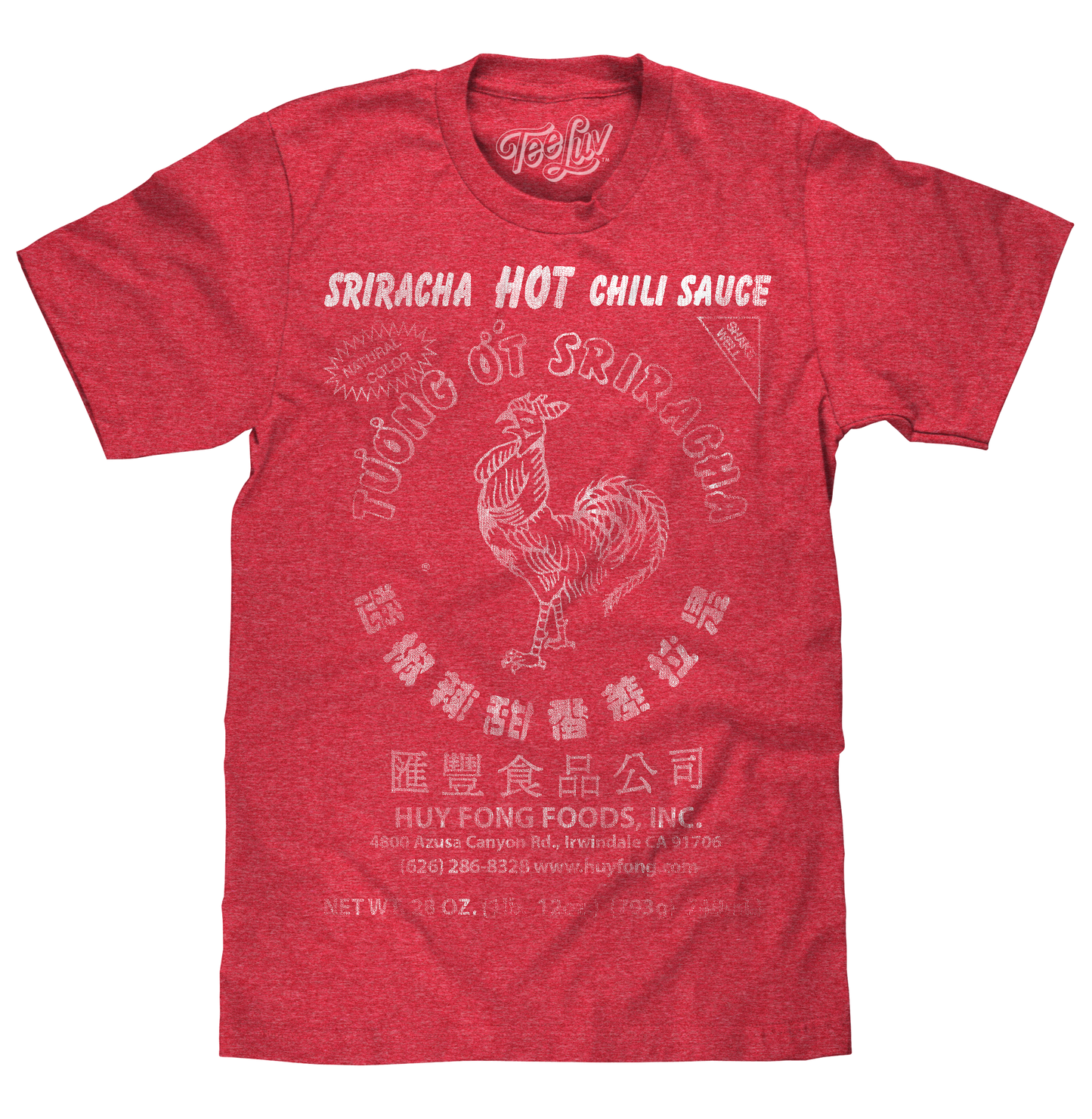 Red t-shirt with Sriracha Hot Chili Sauce design on a white background