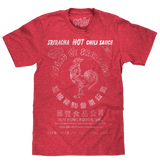 Red t-shirt with Sriracha Hot Chili Sauce design on a white background
