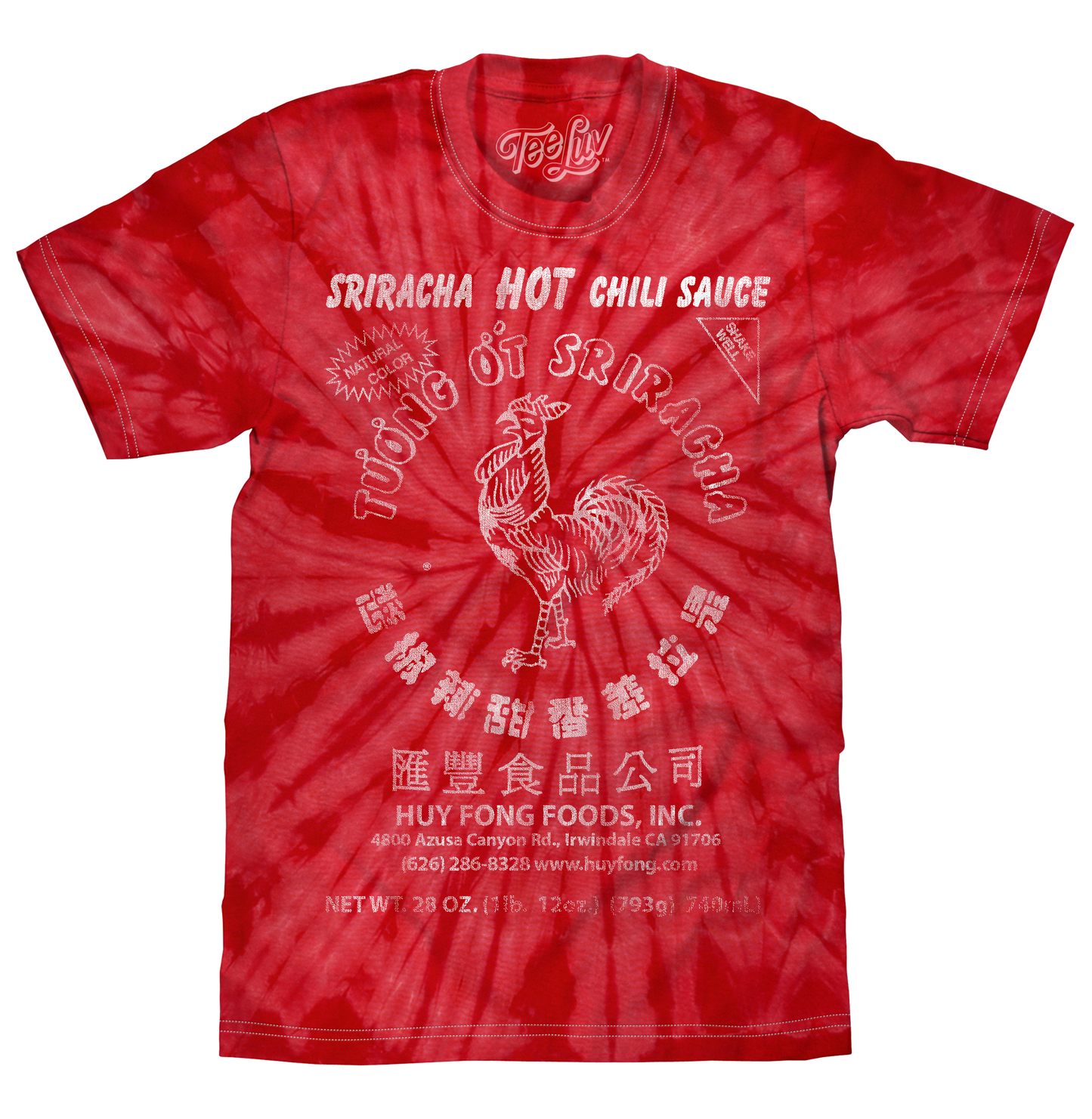 Red tie-dye t-shirt with Sriracha Hot Chili Sauce branding on a white background