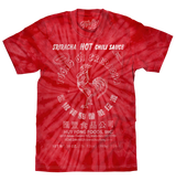 Red tie-dye t-shirt with Sriracha Hot Chili Sauce branding on a white background