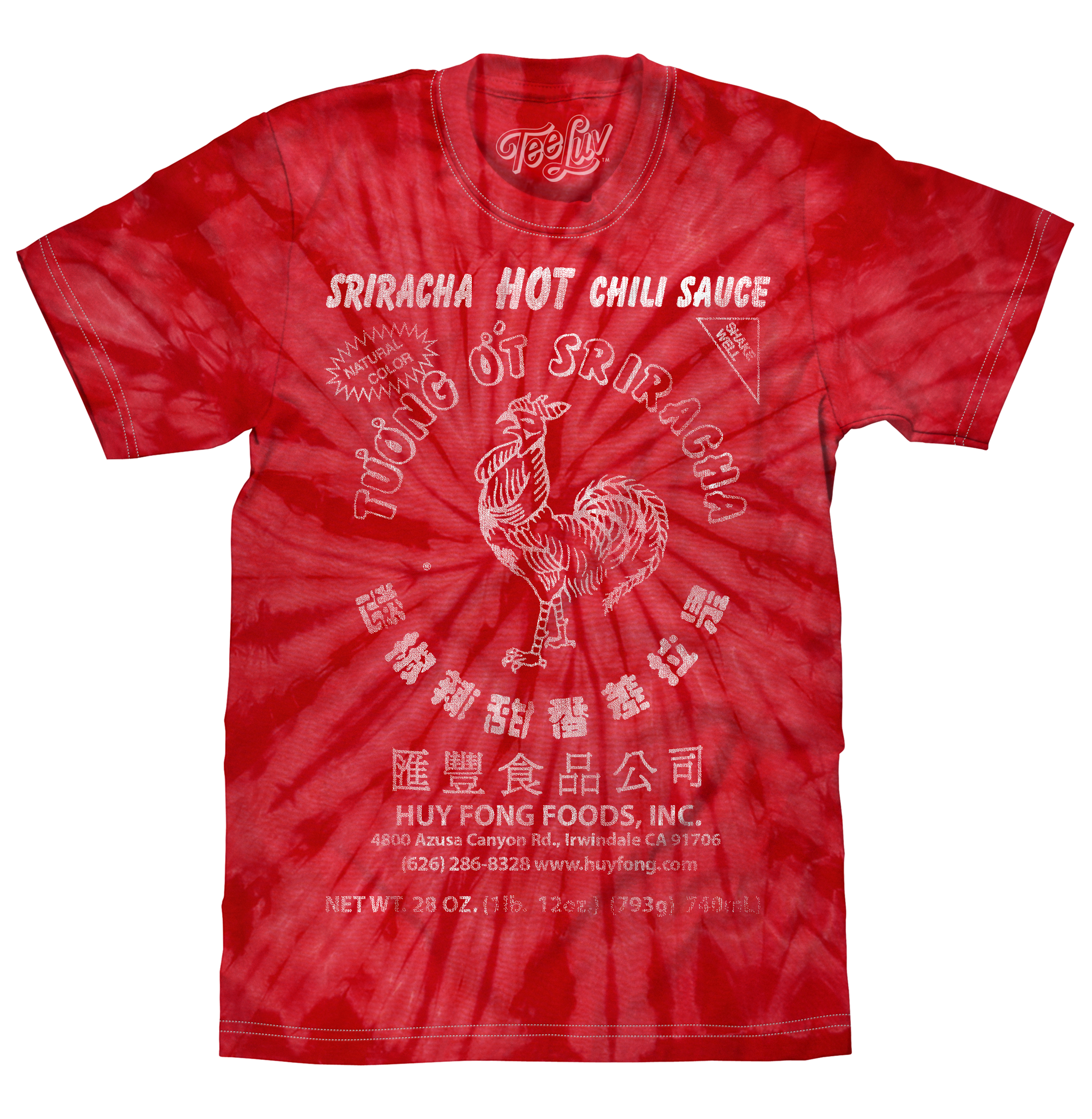 Red tie-dye t-shirt with Sriracha Hot Chili Sauce branding on a white background