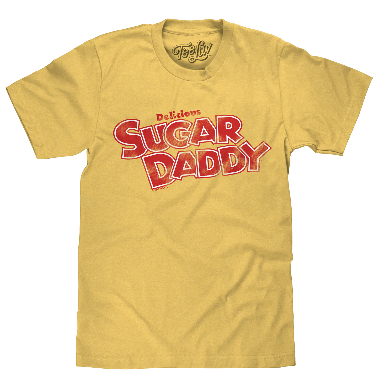 Yellow t-shirt with red and white text 'Delicious Sugar Daddy' on a white background