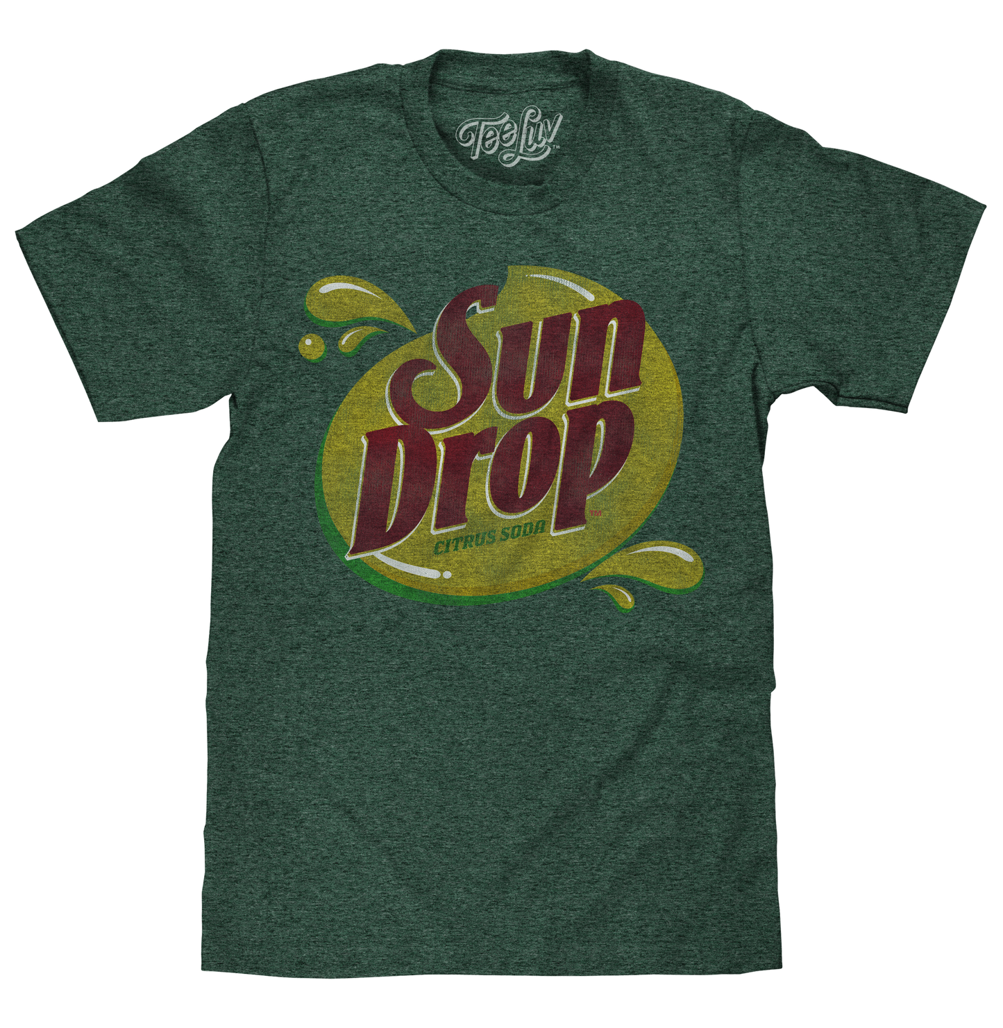Green t-shirt with Sun Drop logo on a white background