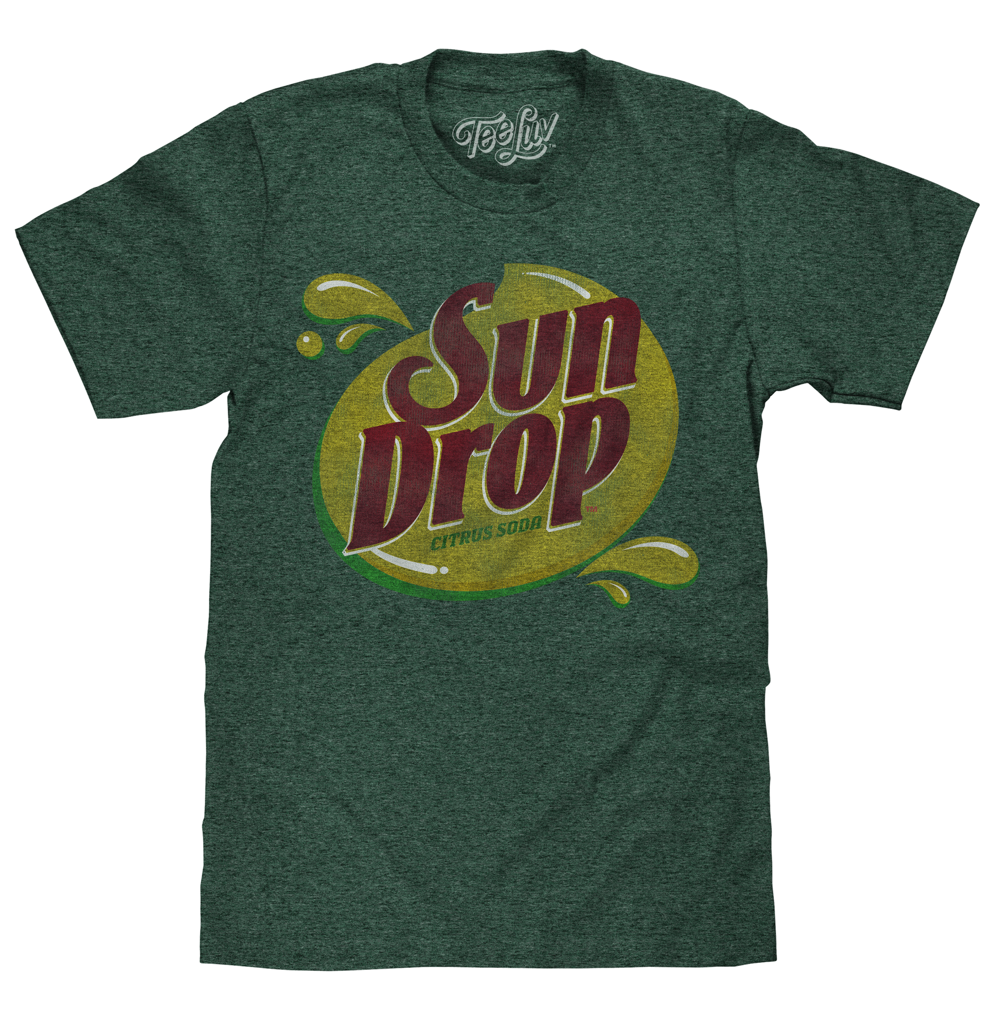 Green t-shirt with Sun Drop logo on a white background