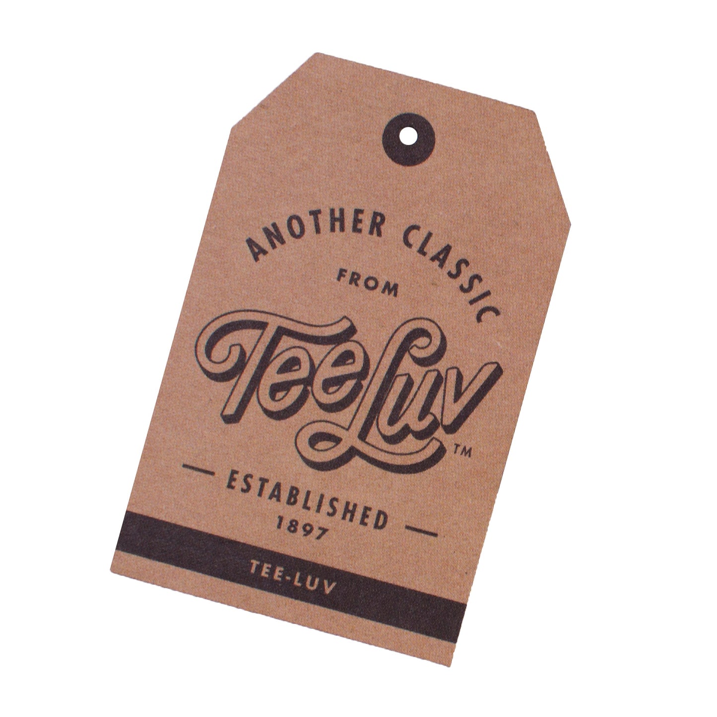 Kraft paper tag with 'TeeLuv' branding on a white background