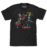 Black t-shirt with dancing skeletons and 'Tapatio' branding on a white background