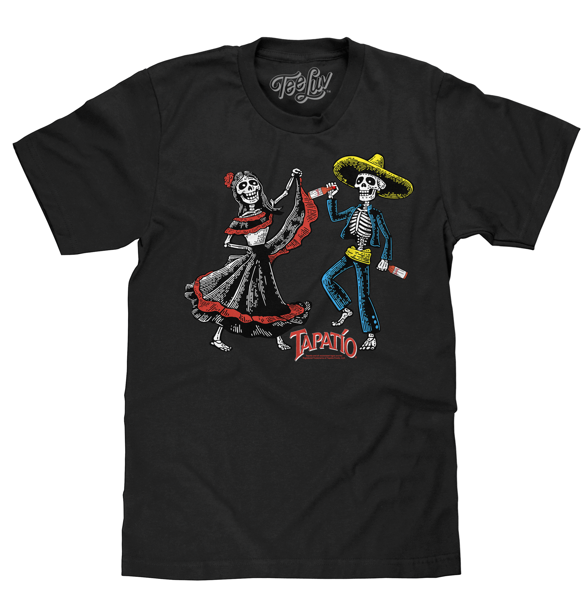 Black t-shirt with dancing skeletons and 'Tapatio' branding on a white background