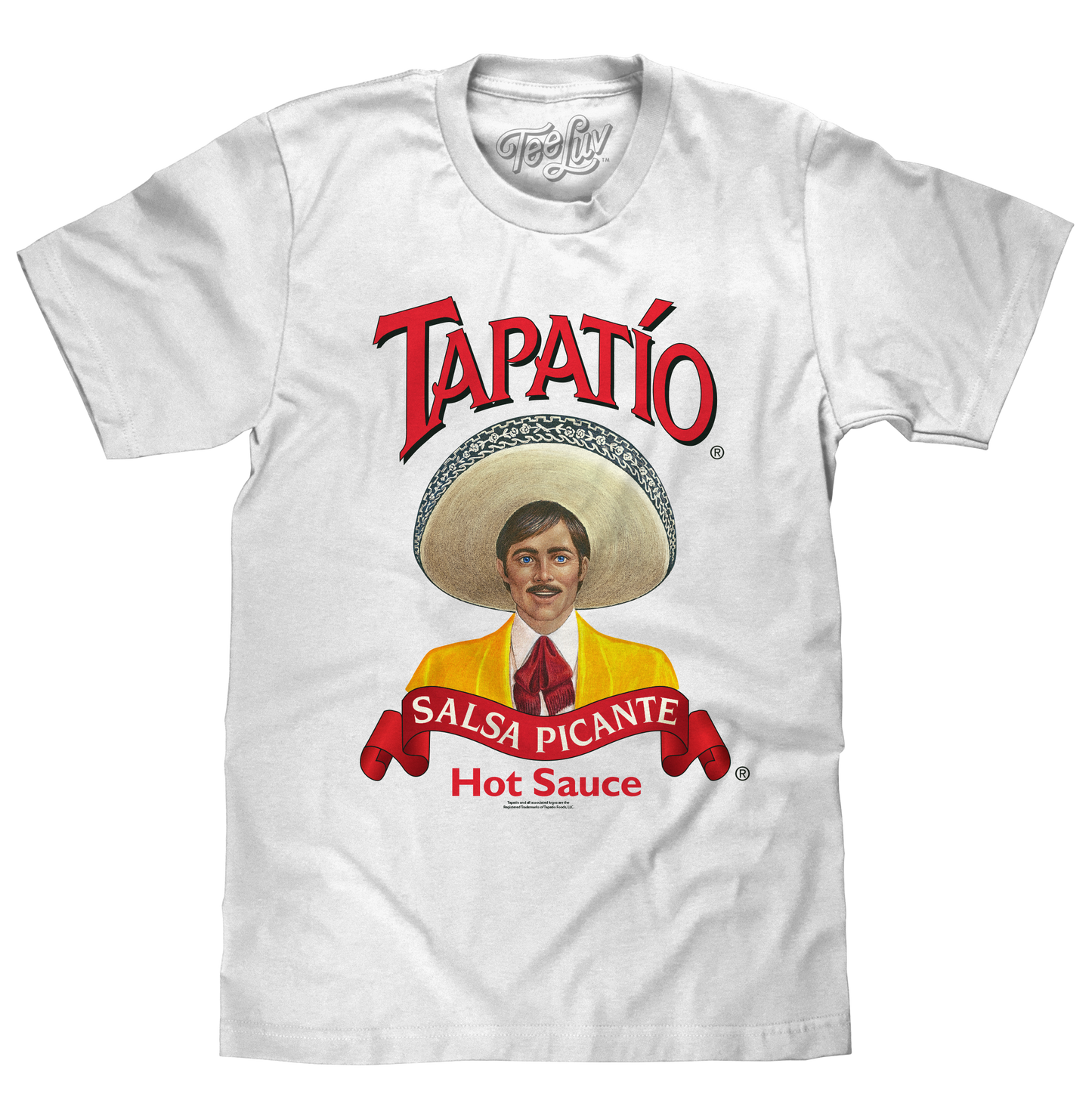 White t-shirt with Tapatio hot sauce branding featuring a person in a sombrero.