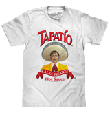 White t-shirt with Tapatio hot sauce branding featuring a person in a sombrero.