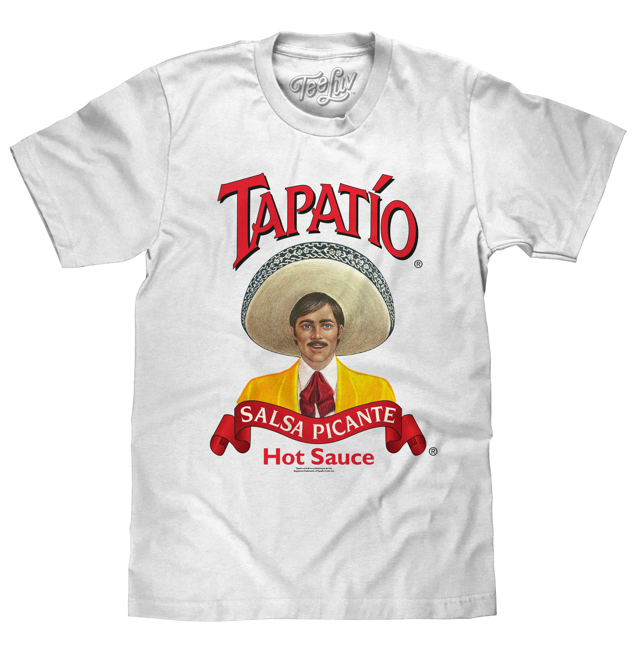 White t-shirt with Tapatio hot sauce branding featuring a person in a sombrero.