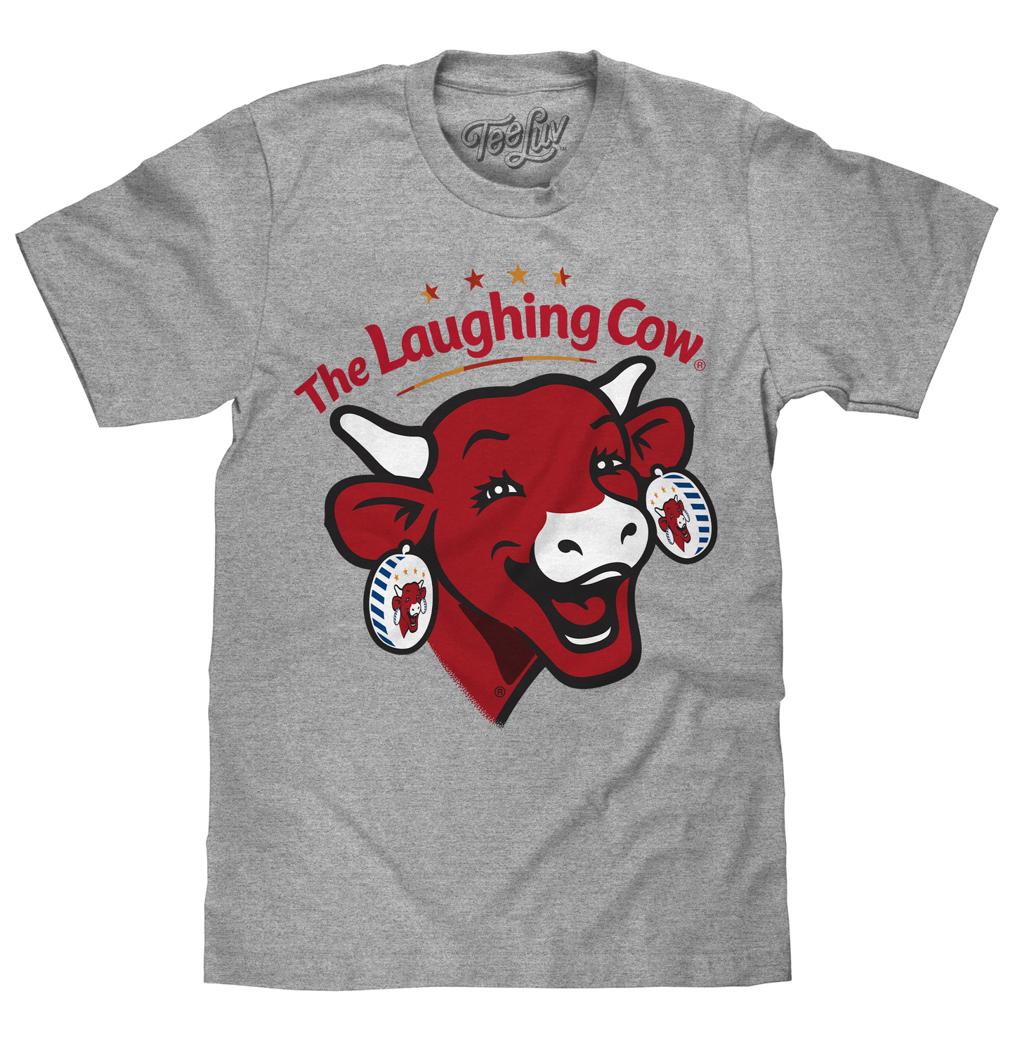 Gray t-shirt with 'The Laughing Cow' logo on a white background