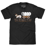 Black t-shirt with 'The Oregon Trail' design featuring a dog and covered wagon on a white background.