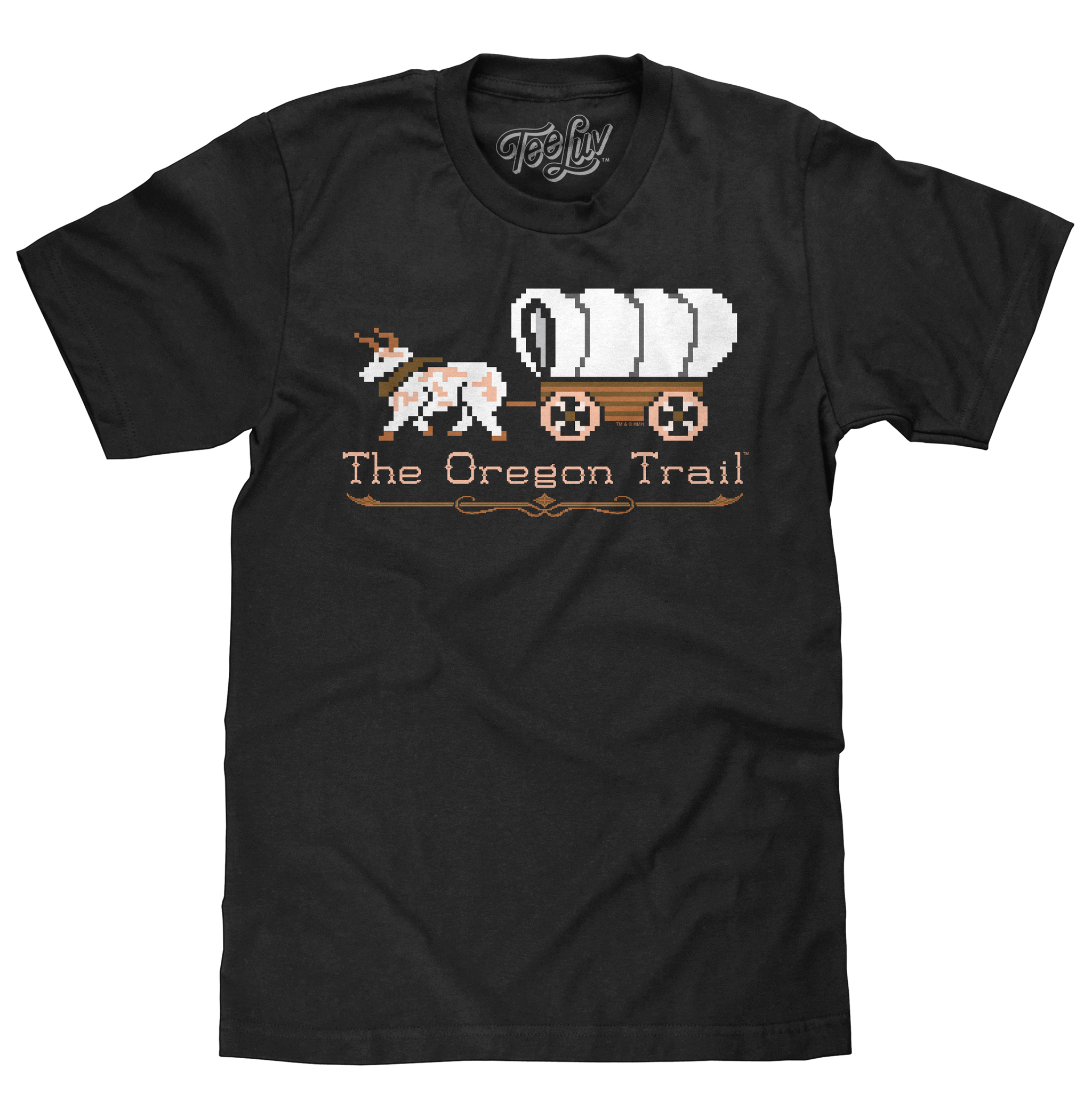 Black t-shirt with 'The Oregon Trail' design featuring a dog and covered wagon on a white background.