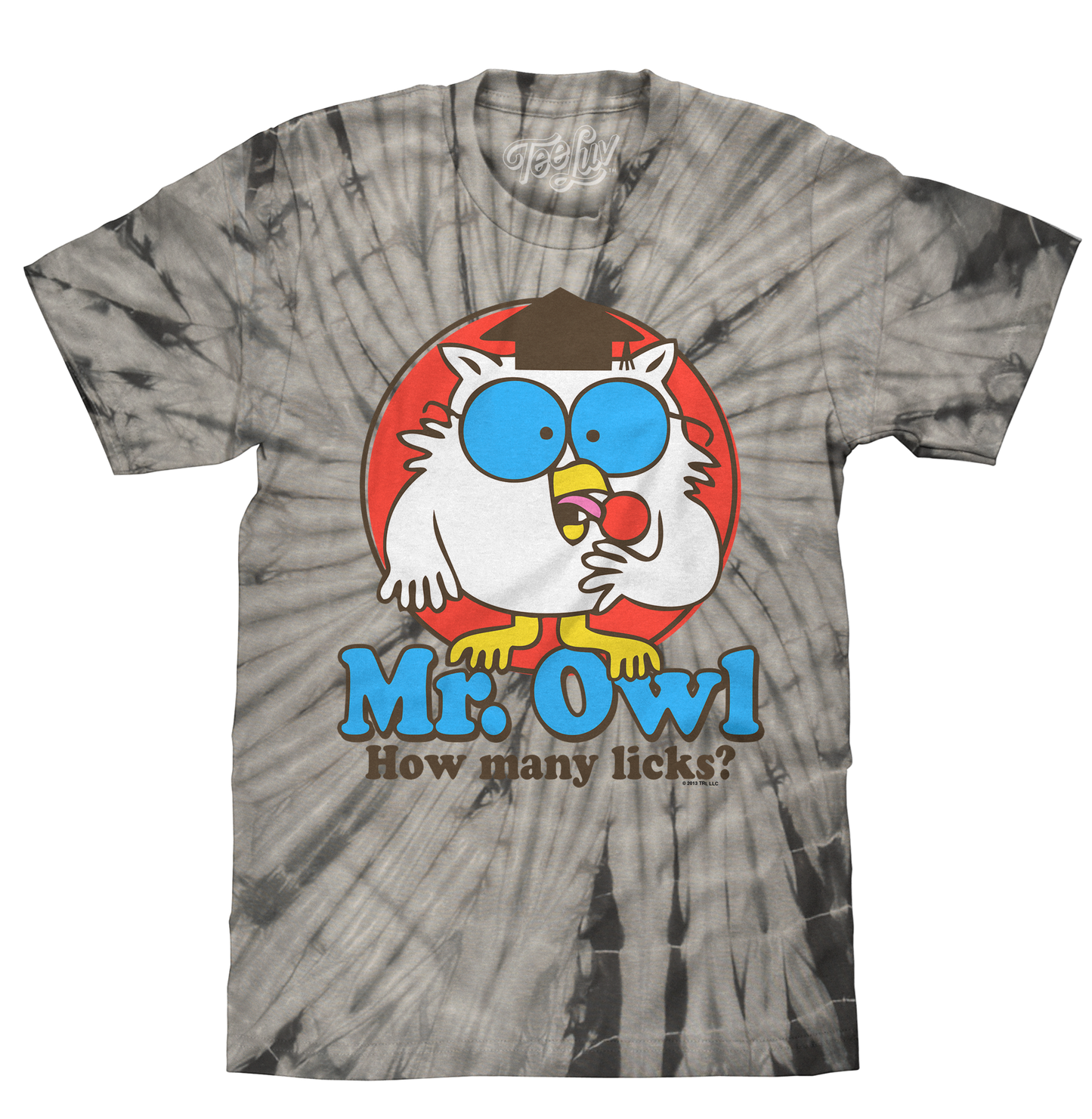 Tie-dye t-shirt with cartoon owl character and text on a white background