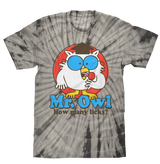 Tie-dye t-shirt with cartoon owl character and text on a white background