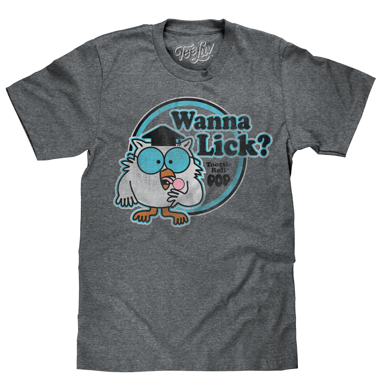 Gray t-shirt with cartoon owl design and text 'Wanna Lick?' on a white background
