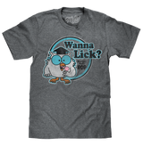 Gray t-shirt with cartoon owl design and text 'Wanna Lick?' on a white background