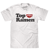 White t-shirt with Top Ramen and Nissin branding on a white background