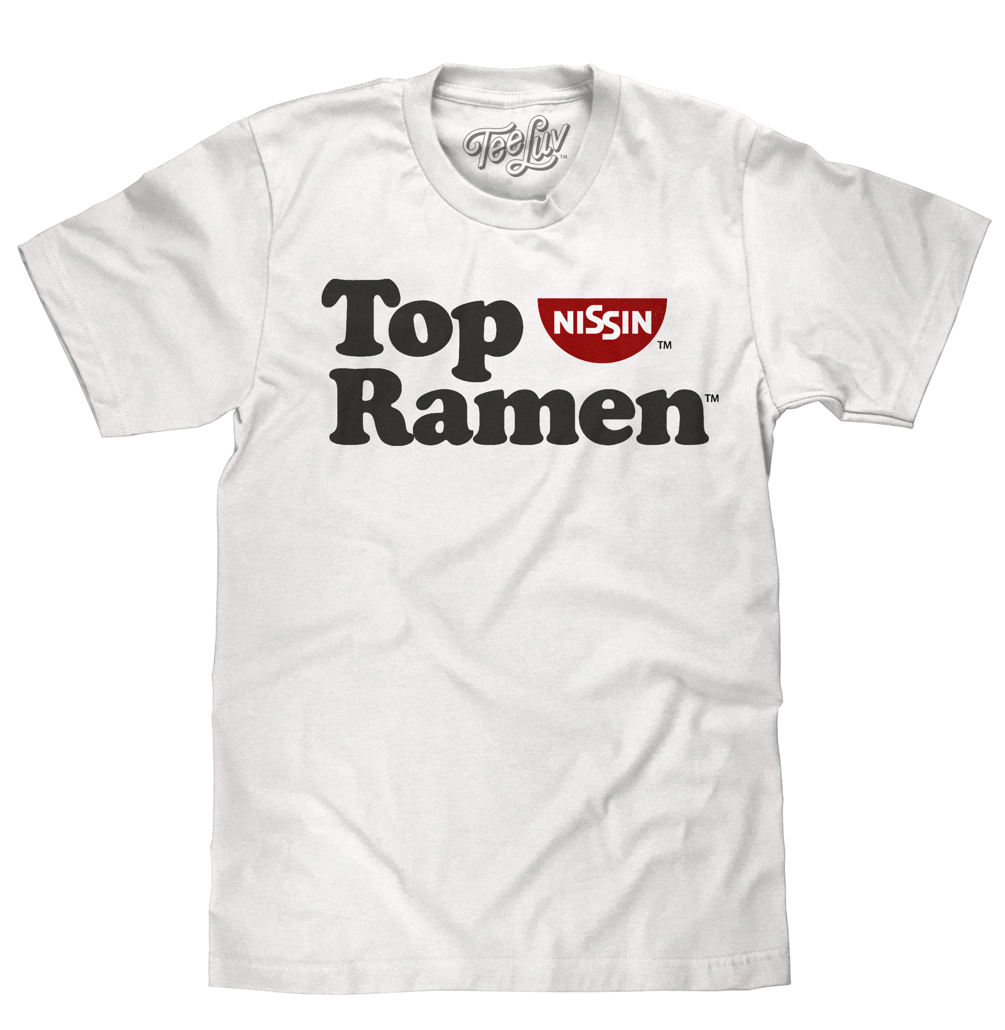 White t-shirt with Top Ramen and Nissin branding on a white background