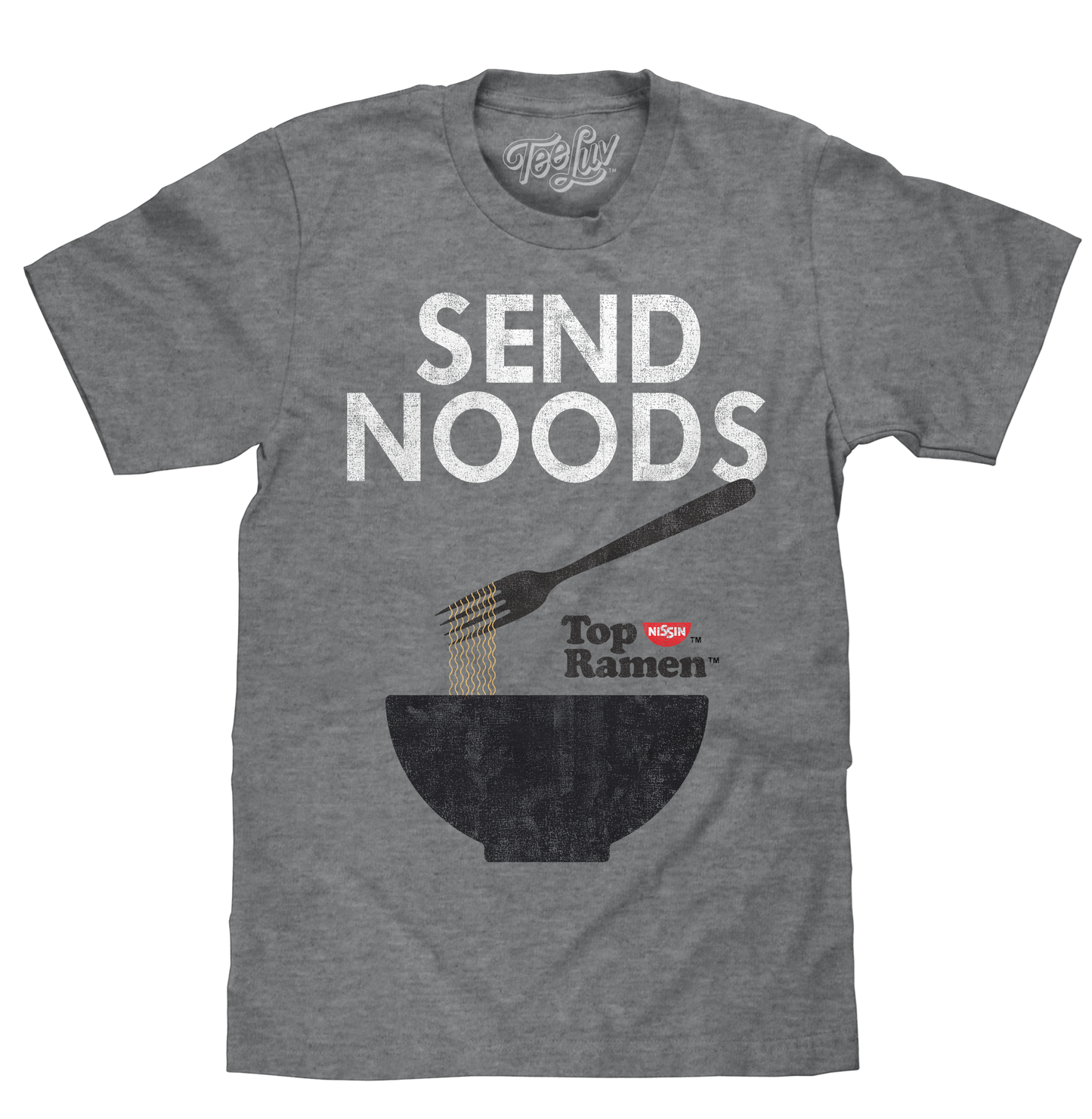 Gray t-shirt with 'Send Noods' graphic and Top Ramen logo on a white background