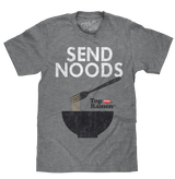 Gray t-shirt with 'Send Noods' graphic and Top Ramen logo on a white background