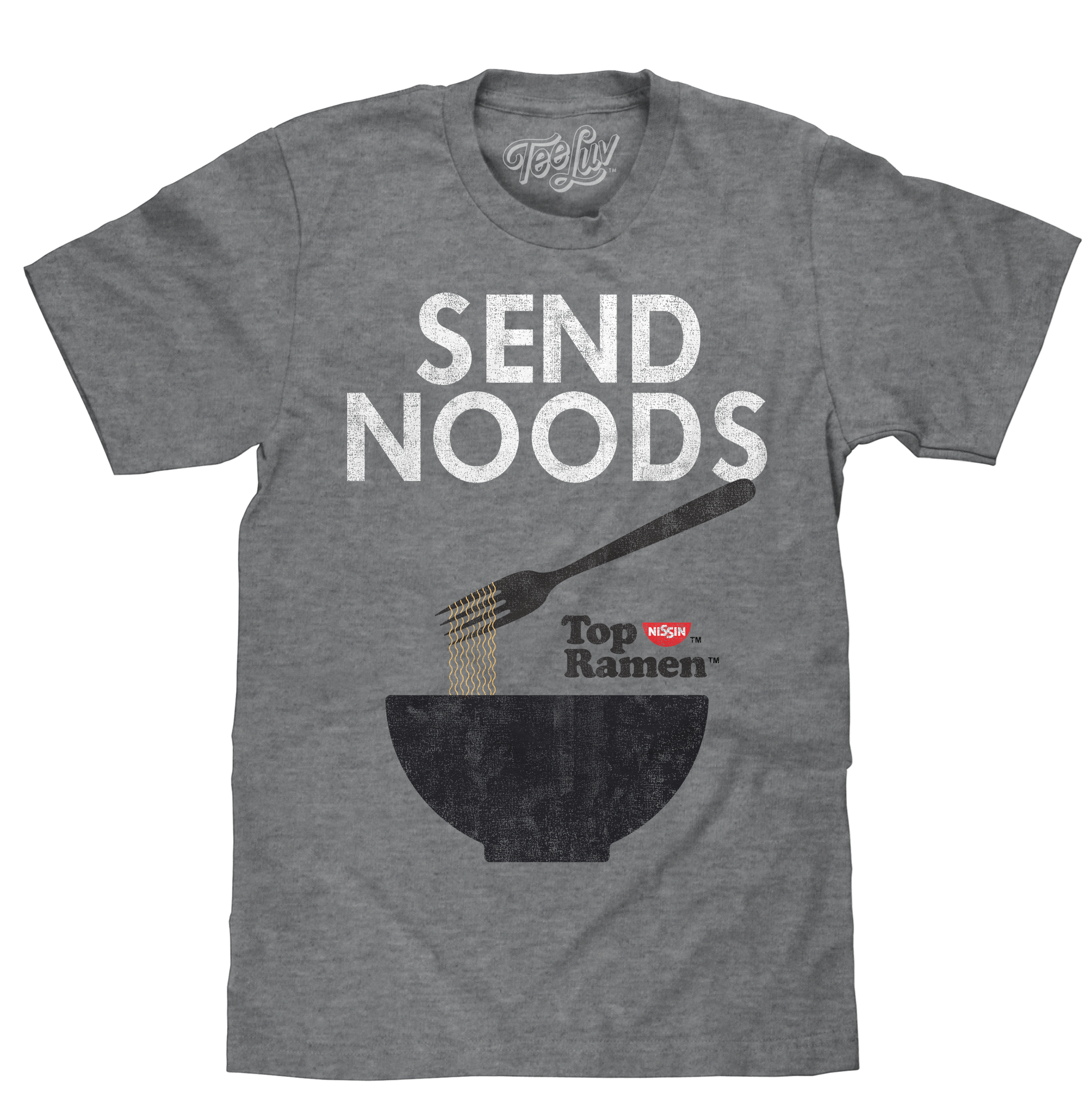 Gray t-shirt with 'Send Noods' graphic and Top Ramen logo on a white background