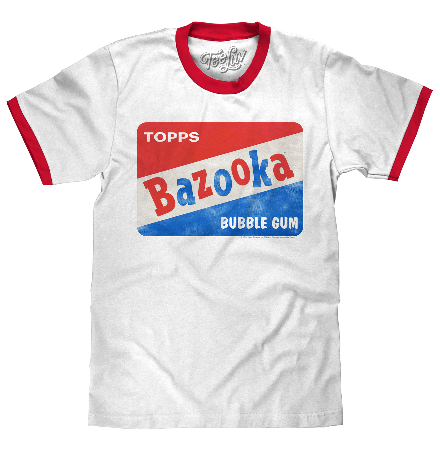 White t-shirt with red and blue Bazooka Bubble Gum logo on a white background