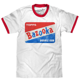White t-shirt with red and blue Bazooka Bubble Gum logo on a white background