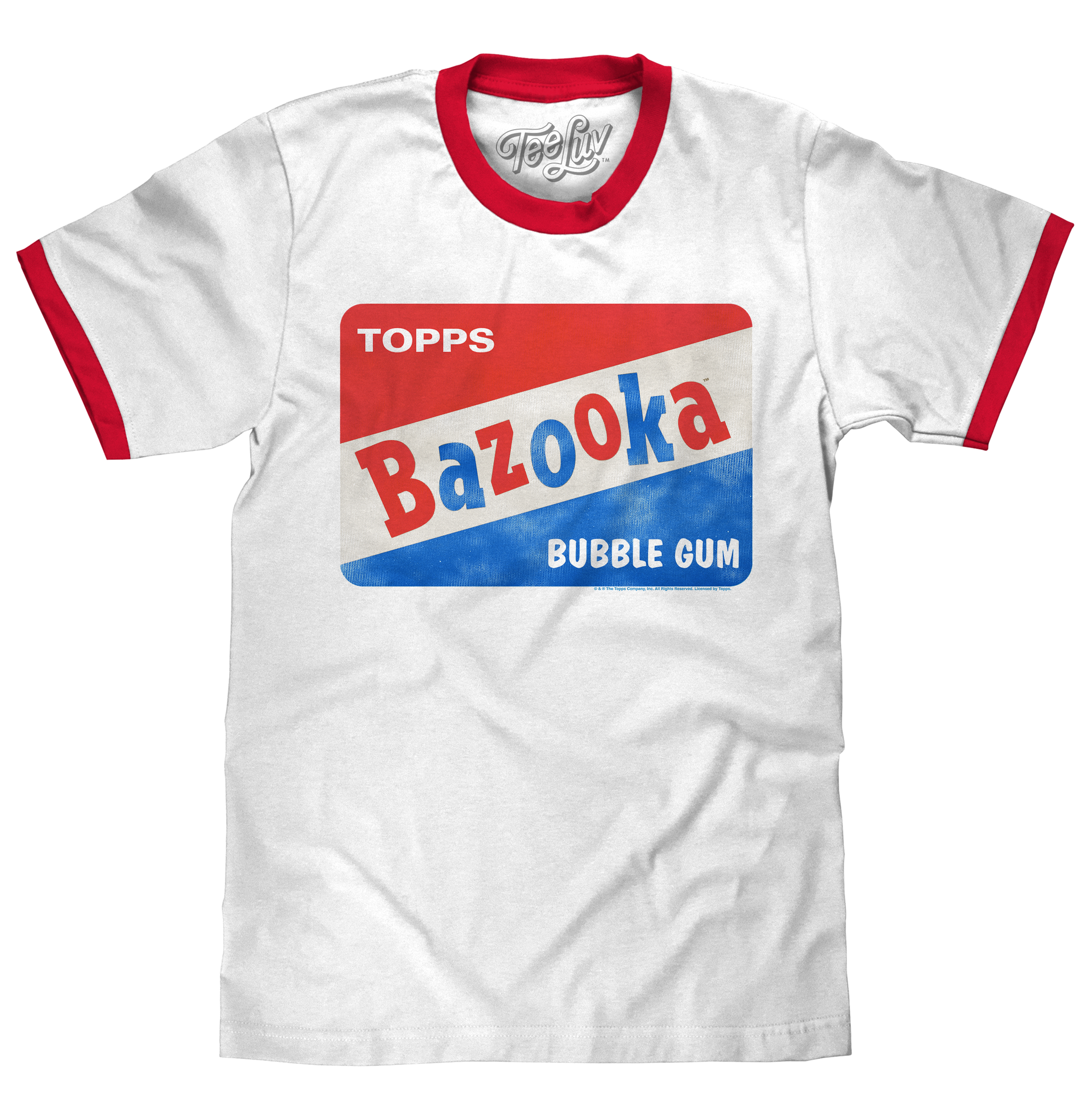 White t-shirt with red and blue Bazooka Bubble Gum logo on a white background